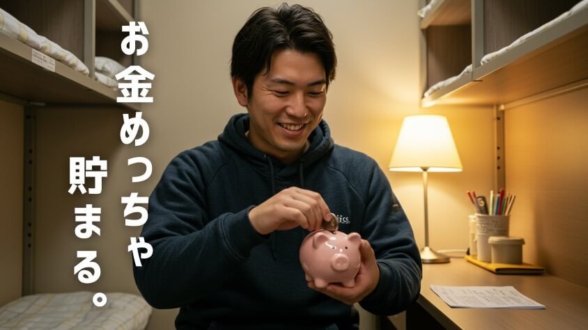 貯金箱にお金を入れてご満悦な男性