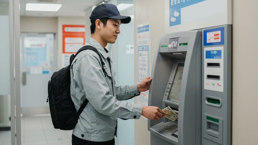 ATMで借金を返済している様子