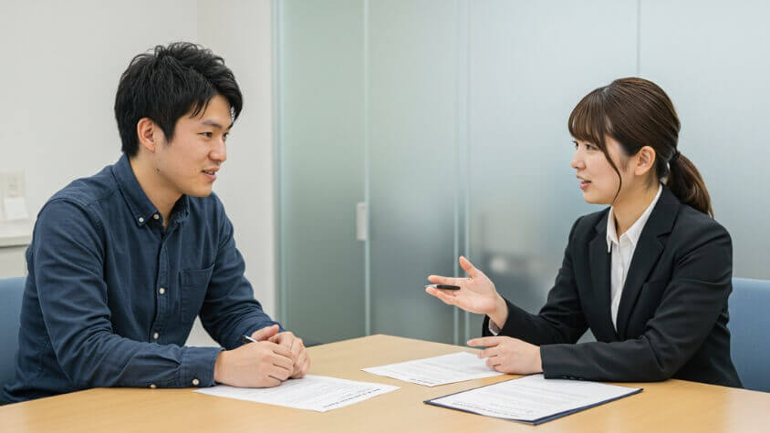 派遣会社のフタッフと面談中